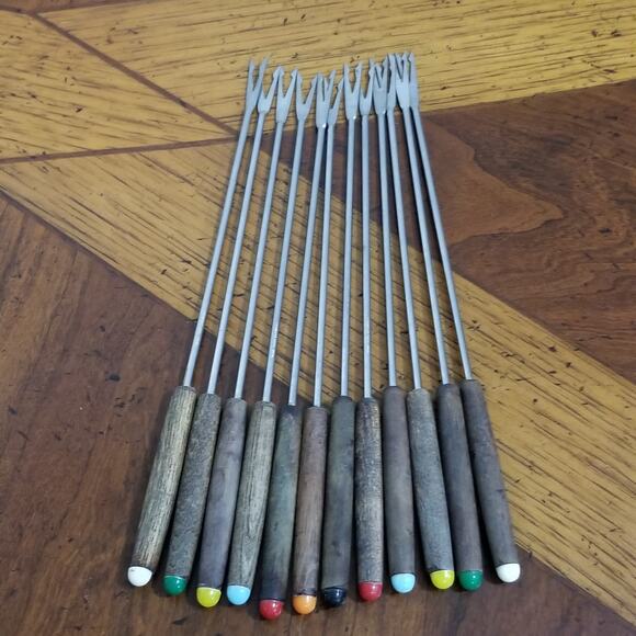 Twelve fondue forks vintage stainless steel wood handles - Picture 5 of 5
